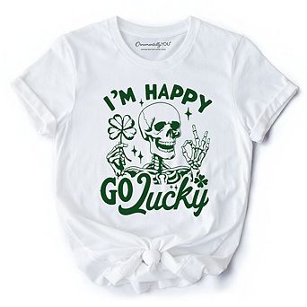Happy Go Lucky Clover Skeleton St Patrick’s Day T-Shirt, Green Shamrock Vintage Tee