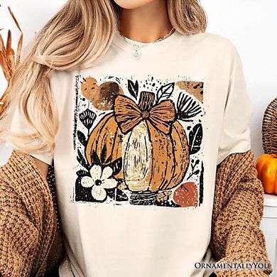 Pumpkin Fall Floral T-Shirt, Thanksgiving Coquette Bow Tee