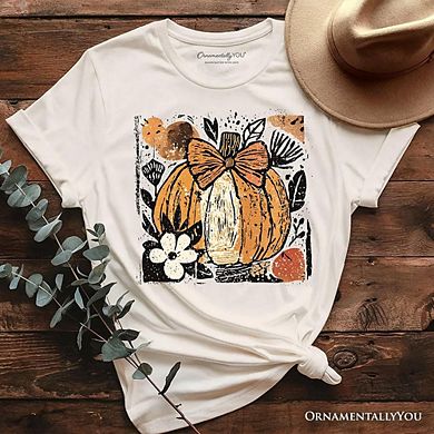 Pumpkin Fall Floral T-Shirt, Thanksgiving Coquette Bow Tee
