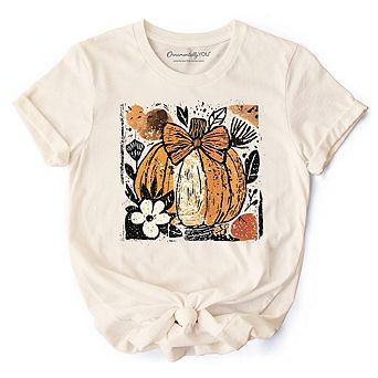 Pumpkin Fall Floral T-Shirt, Thanksgiving Coquette Bow Tee