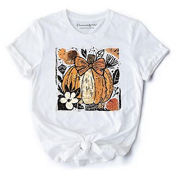 Pumpkin Fall Floral T-Shirt, Thanksgiving Coquette Bow Tee