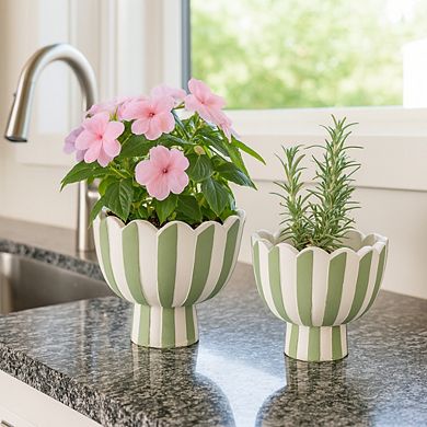 Striped Flower Pots and Planters for Home Decor - Set of 2 - 8", 6" Green & White