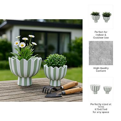 Striped Flower Pots and Planters for Home Decor - Set of 2 - 8", 6" Green & White