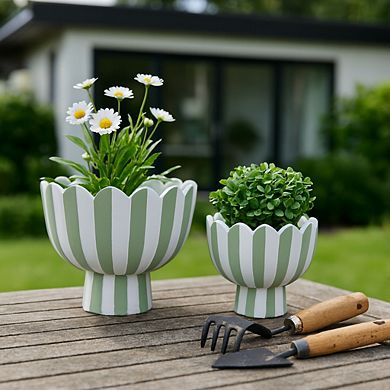Striped Flower Pots and Planters for Home Decor - Set of 2 - 8", 6" Green & White