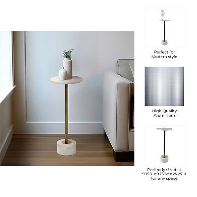 Elegant Round Metal Accent Table with Marble Top - 25" White & Gold