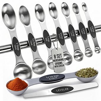 Magnetic Measuring Spoons with Leveler Set, Dual Sided Stainless Steel, N40 Magnets