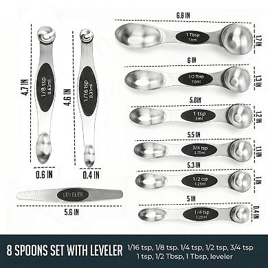 Magnetic Measuring Spoons with Leveler Set, Dual Sided Stainless Steel, N40 Magnets