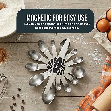 Magnetic Measuring Spoons with Leveler Set, Dual Sided Stainless Steel, N40 Magnets