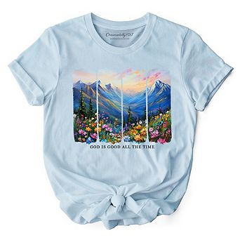 God Is Good All the Time Mountain Christian T-Shirt, Wildflower Brushstroke Bible Verse Faith Tee