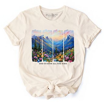 God Is Good All the Time Mountain Christian T-Shirt, Wildflower Brushstroke Bible Verse Faith Tee