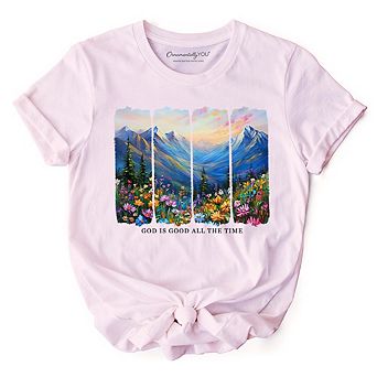 God Is Good All the Time Mountain Christian T-Shirt, Wildflower Brushstroke Bible Verse Faith Tee