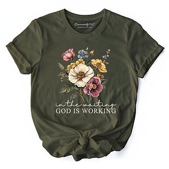 In the Waiting God Is Working Floral Christian T-Shirt, Vintage Wildflower Faith Tee