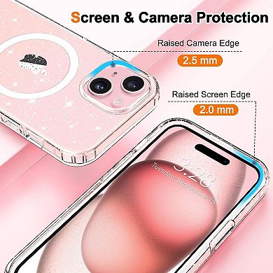 Entronix Magnetic Case for iPhone 15 Plus - Hard Back Glitter Clear Protection