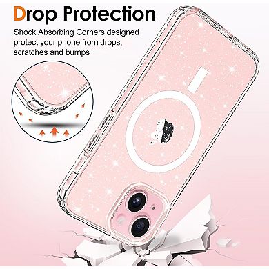 Entronix Magnetic Case for iPhone 15 Plus - Hard Back Glitter Clear Protection
