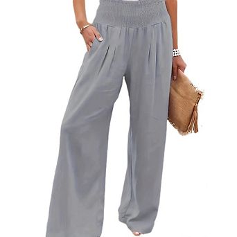 Women Casual Linen Palazzo Pants Boho Wide Leg High Waist Lounge Pants Beach Travel Outfits