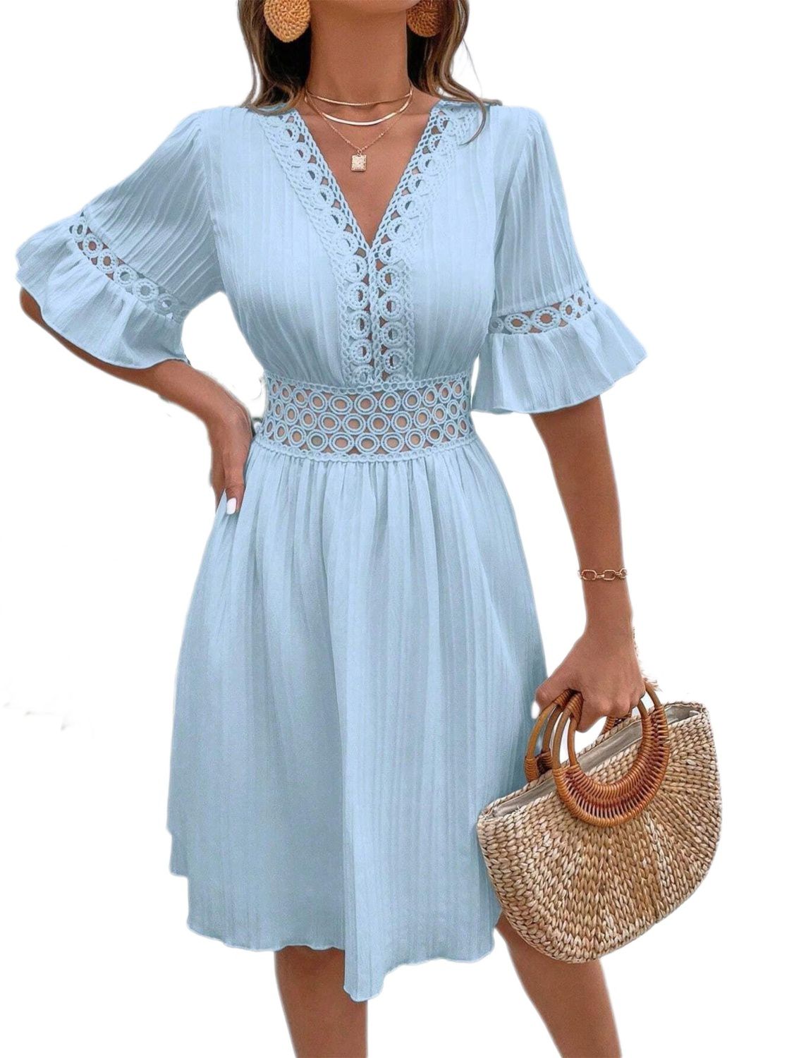 Женские платья Summer Short Dress Casual V Neck High Waist Hollow Lace Tunic Dress Comfy Holiday Dress
