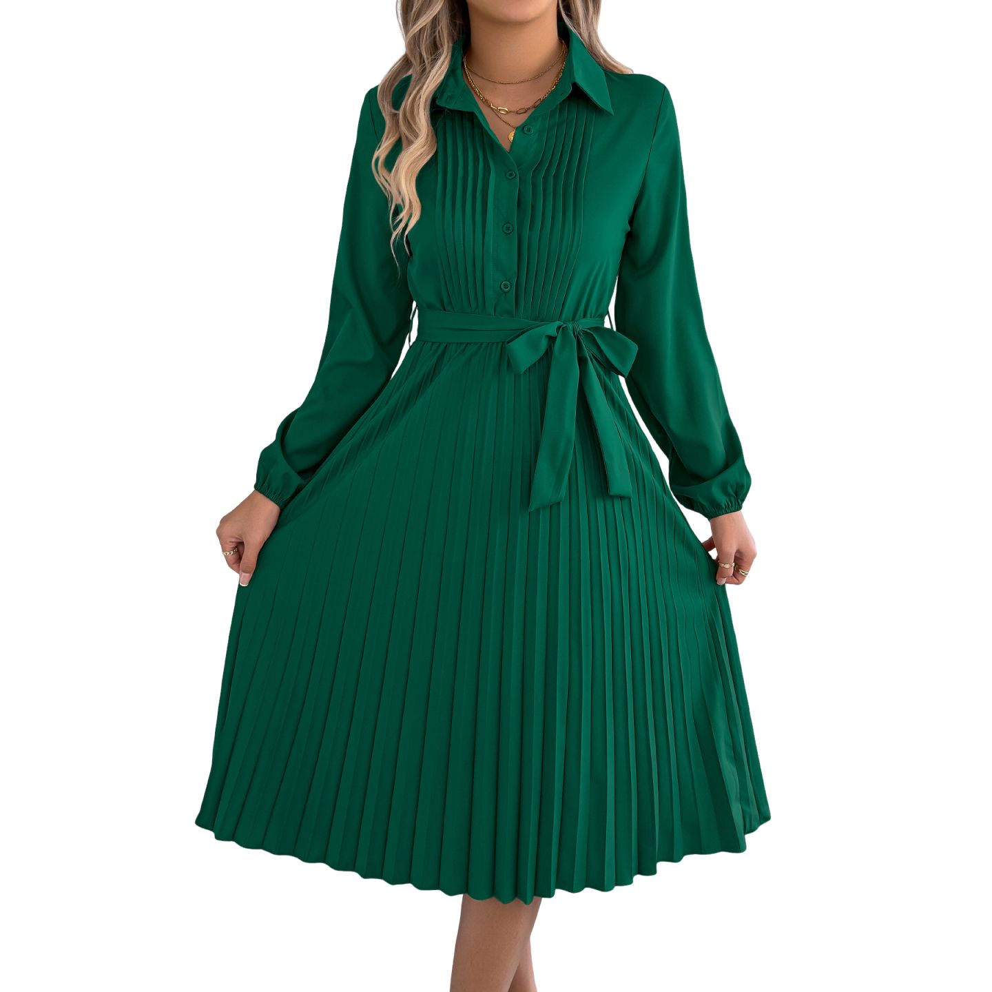 Женские платья Long Sleeve Pleated Dress Casual V Neck A Line Flowy Midi Dresses with Belt