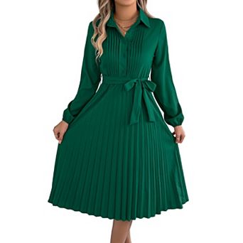Women's Long Sleeve Pleated Dress Casual V Neck A Line Flowy Midi Dresses with Belt