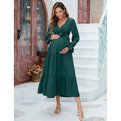 Women's Boho Dress Spring Long Sleeve Wrap V Neck Ruffle Flowy Maxi Vacation Maternity Dresses