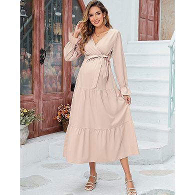 Women's Boho Dress Spring Long Sleeve Wrap V Neck Ruffle Flowy Maxi Vacation Maternity Dresses