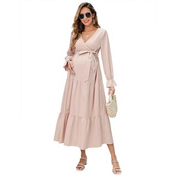 Women's Boho Dress Spring Long Sleeve Wrap V Neck Ruffle Flowy Maxi Vacation Maternity Dresses