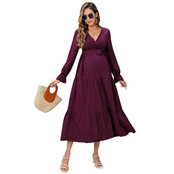 Women's Boho Dress Spring Long Sleeve Wrap V Neck Ruffle Flowy Maxi Vacation Maternity Dresses