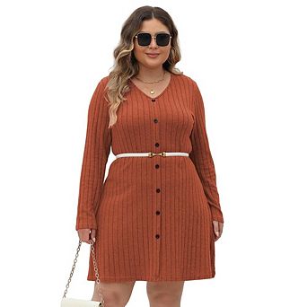 Women's Plus Size Sweater Dress Long Sleeve V Neck Knit Loose Fit Dresses With Belt