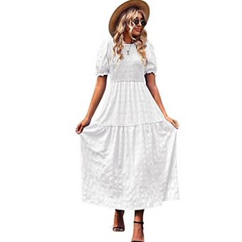 Women's Summer Smocked Dress Puff Short Sleeve Tiered Swing A Line Beach Midi Sundress