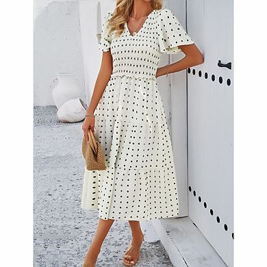 Women's Casual Olive Polka Dot V-neck Short Sleeved Long Dress