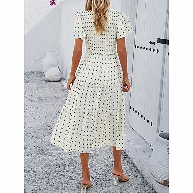 Women's Casual Olive Polka Dot V-neck Short Sleeved Long Dress