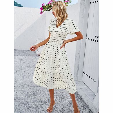 Women's Casual Olive Polka Dot V-neck Short Sleeved Long Dress