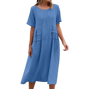 Women's Casual Round Neck Midi Dress Short Sleeve Flowy Cotton Linen Dress Loose Solid Color Dress