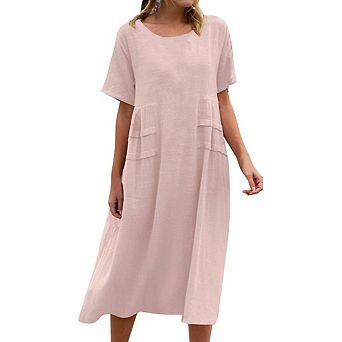 Women's Casual Round Neck Midi Dress Short Sleeve Flowy Cotton Linen Dress Loose Solid Color Dress