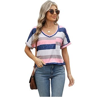 Womens Rolled Short Sleeve V Neck Shirts Casual Dressy Business Work Blouses Outfits