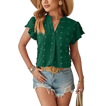 Womens Summer Blouse V Neck Ruffle Sleeve Dot Flowy Shirts Dressy Casual Cute Tops