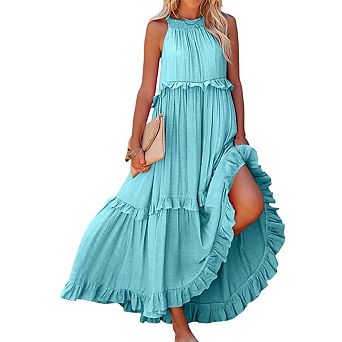 Women's Sleeveless Halter Neck Layered Dress Flowing Ruffled Long Dress Backless Layered Sundress