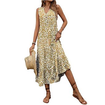 Women's Boho Print Sleeveless Dress V-neck Button down Waist Midi Skirt Flowing Layered Dress