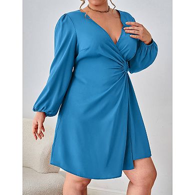 Women Plus Size Wrap Twist Knot Long Sleeve Dress