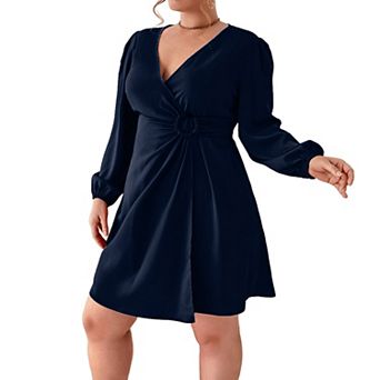 Women Plus Size Wrap Twist Knot Long Sleeve Dress