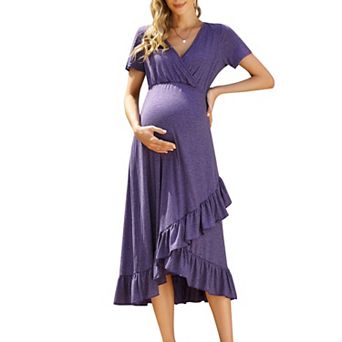 Womens Maternity Dress Baby Shower Short Sleeve Ruffle V Neck Midi Dress Maternity Clothes