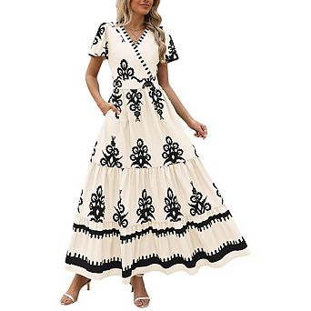 Women's V neck Bohemian Maxi Dress Flowy A line Flared Sleeves Full Skirt Layered Print with Pockets