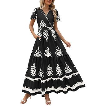 Women's V neck Bohemian Maxi Dress Flowy A line Flared Sleeves Full Skirt Layered Print with Pockets