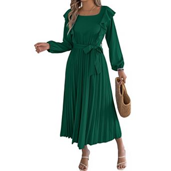 Women Wrap Square Neck Flowy Maxi Dress Long Sleeve Ruffle Pleated Cocktail Wedding Guest Dress