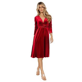 Women's Gold Velvet V-neck Waist Cinched Long Sleeved Grand Dress