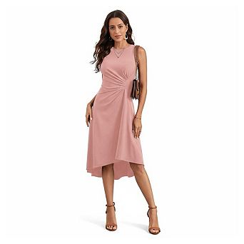 Women's Sleeveless Folded Waist, Short Front, Long Rear, Medium to Long Cocktail Dress