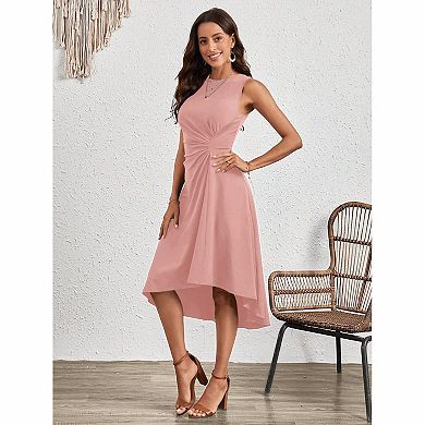 Women's Sleeveless Folded Waist, Short Front, Long Rear, Medium to Long Cocktail Dress