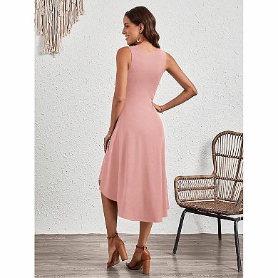 Women's Sleeveless Folded Waist, Short Front, Long Rear, Medium to Long Cocktail Dress