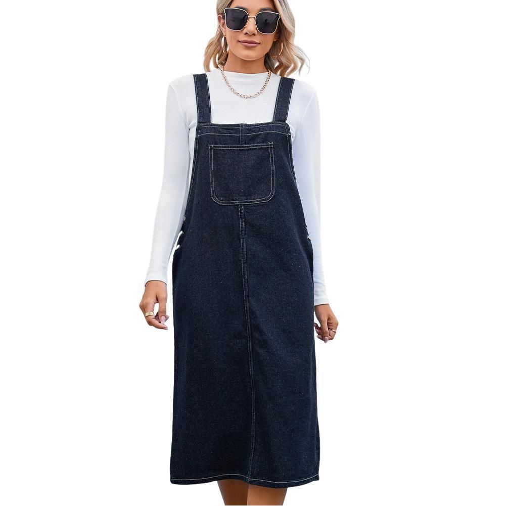 Женские платья Denim Overall Dress Distressed A-Line Pinafore Bib Jean Midi Dress With Pocket
