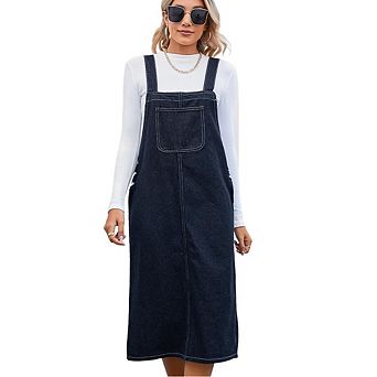 Women's Denim Overall Dress Distressed A-Line Pinafore Bib Jean Midi Dress With Pocket