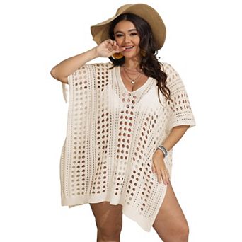 Womens Plus Size Cover Up V-Neck Crochet Beach Dresses Short Sleeve Bathing Suit Cover Up